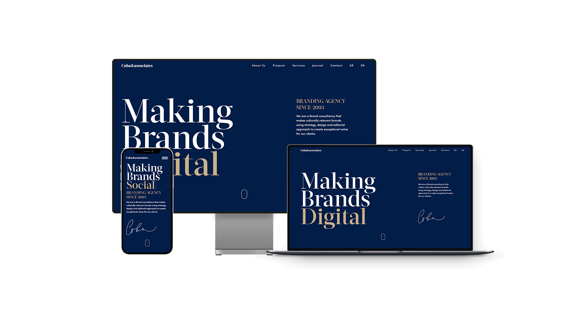 Responsive design mockup displaying a client's customized website on showcasing tailored content relevant to the client's brand and products.