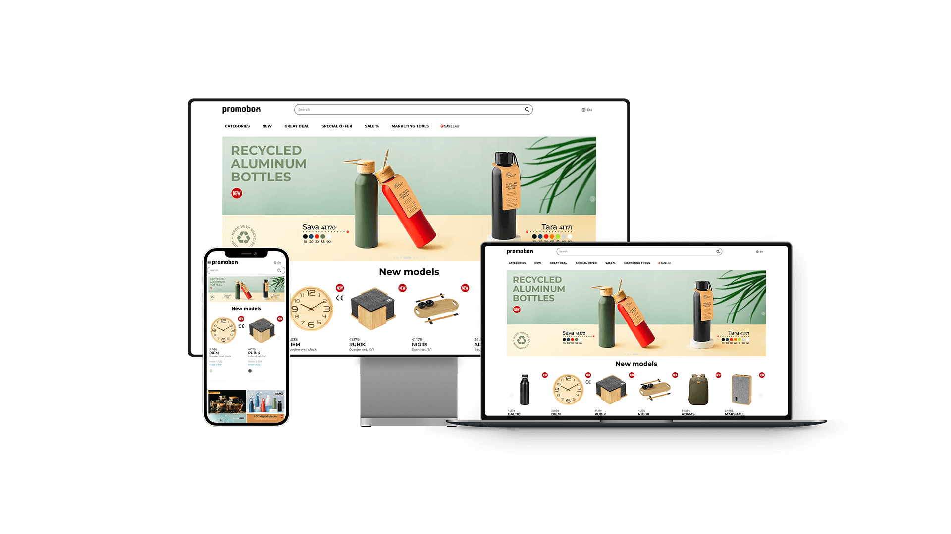 Responsive design mockup displaying a client's customized website on showcasing tailored content relevant to the client's brand and products.