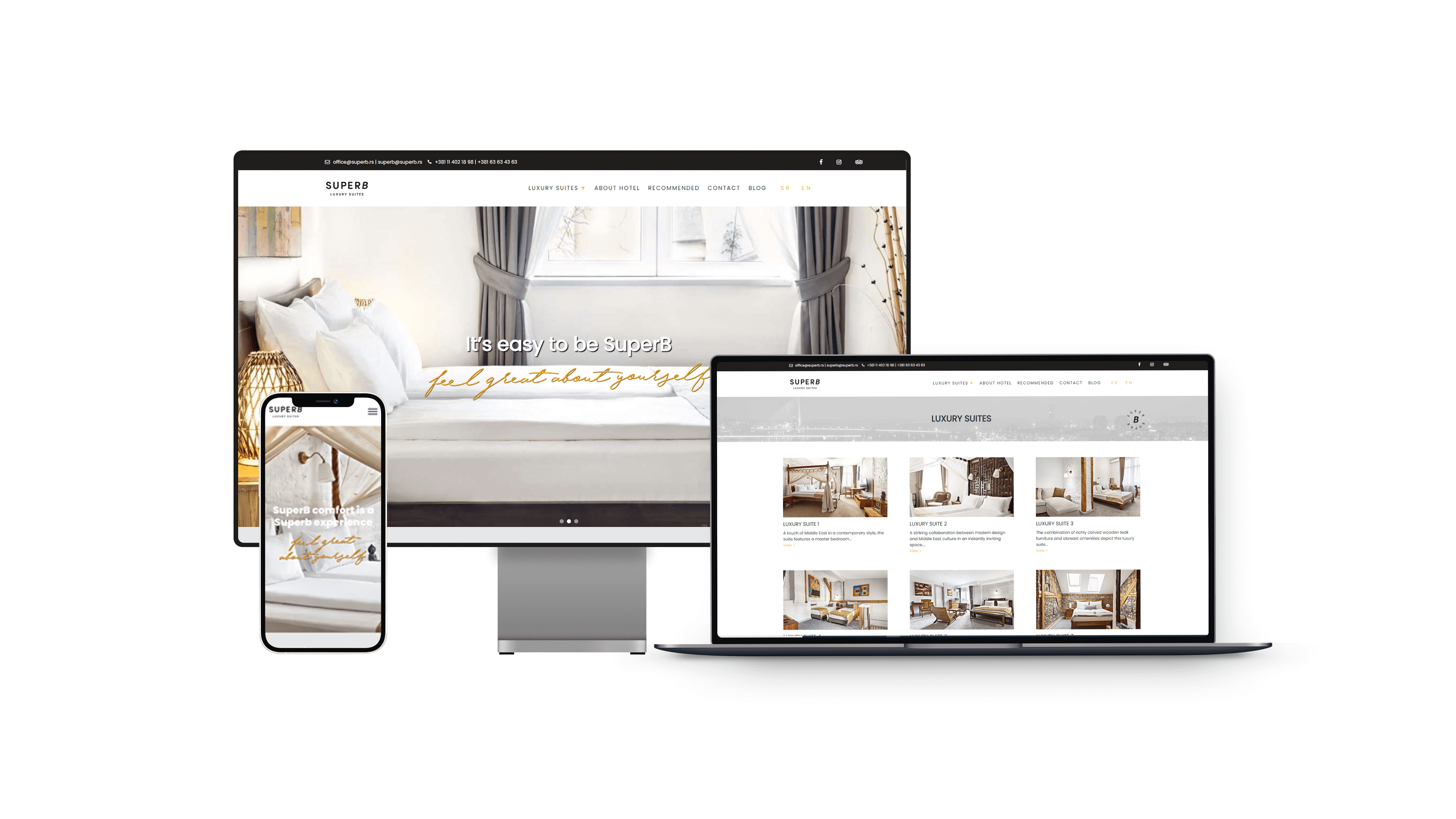 Responsive design mockup displaying a client's customized website on showcasing tailored content relevant to the client's brand and products.